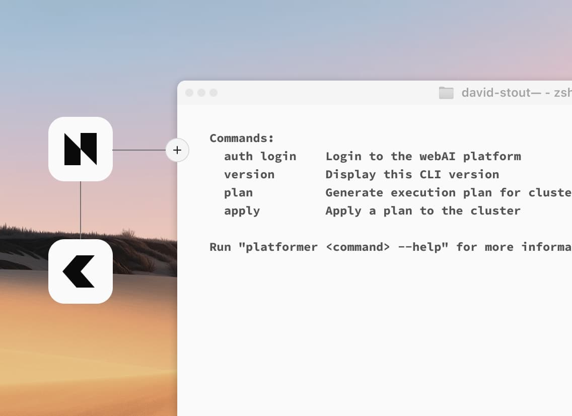 Terminal window showcasing CLI commands for a webAI platform, including "auth login," "version," "plan," and "apply," with morning sky background.