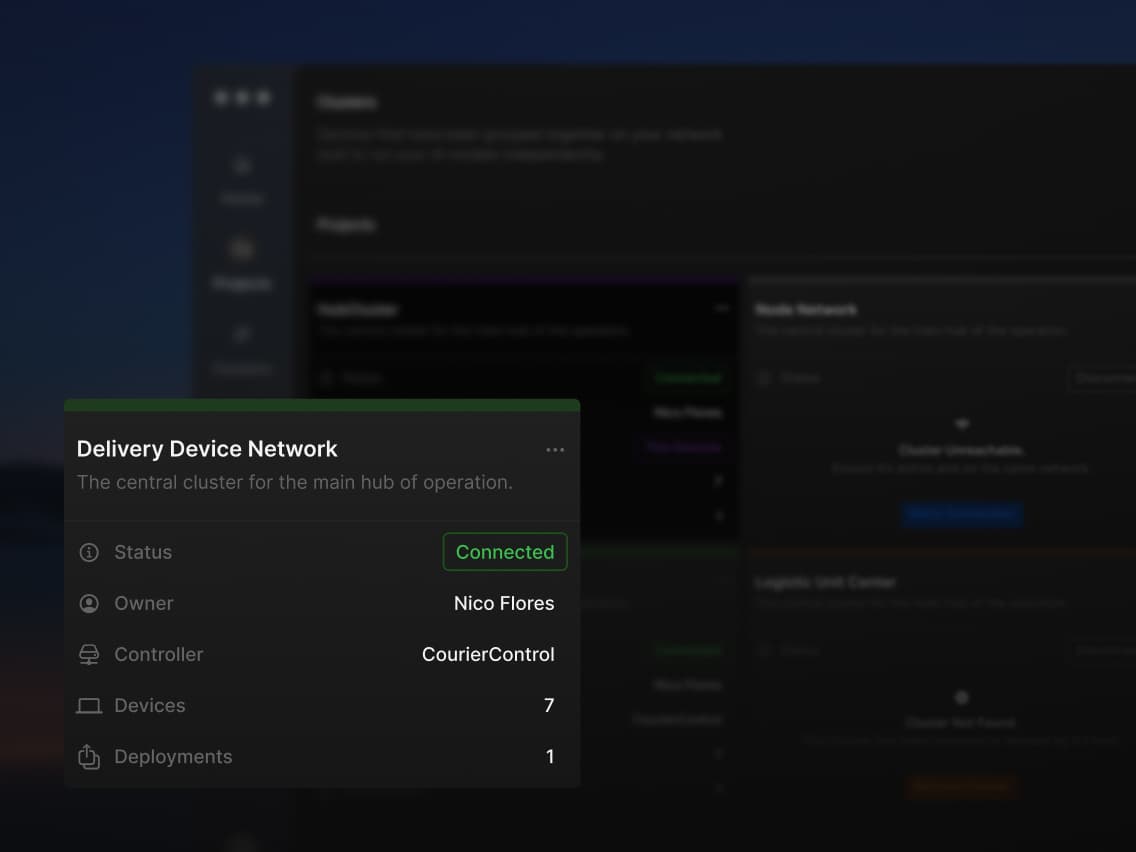 A software interface shows "HubCluster" with status "Connected" in green. Details include owner, controller, 7 devices, and 1 deployment.