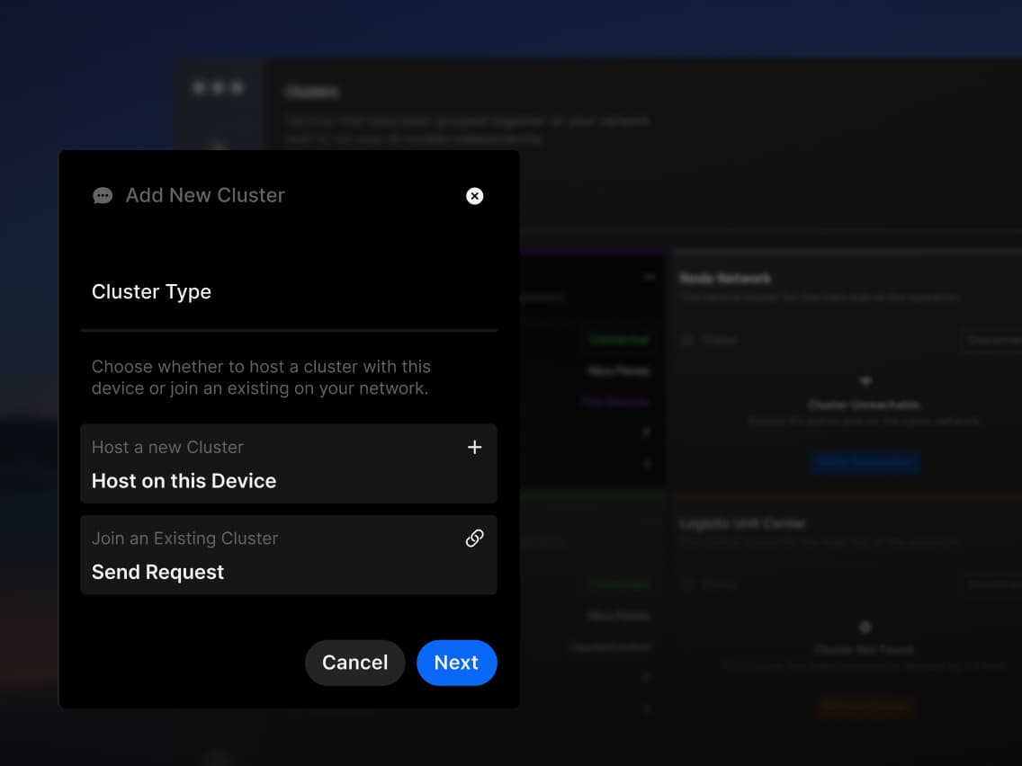 Adding new cluster interface with options to "Host on this Device" or "Send Request" for joining existing networks. Buttons for "Cancel" and "Next."