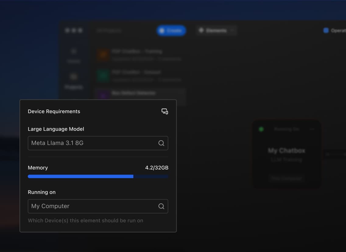Popover window showing device requirements for "Meta Llama 3.1 8G" with memory usage at 4.2/32GB, set to run on "My Computer." Background is blurred.