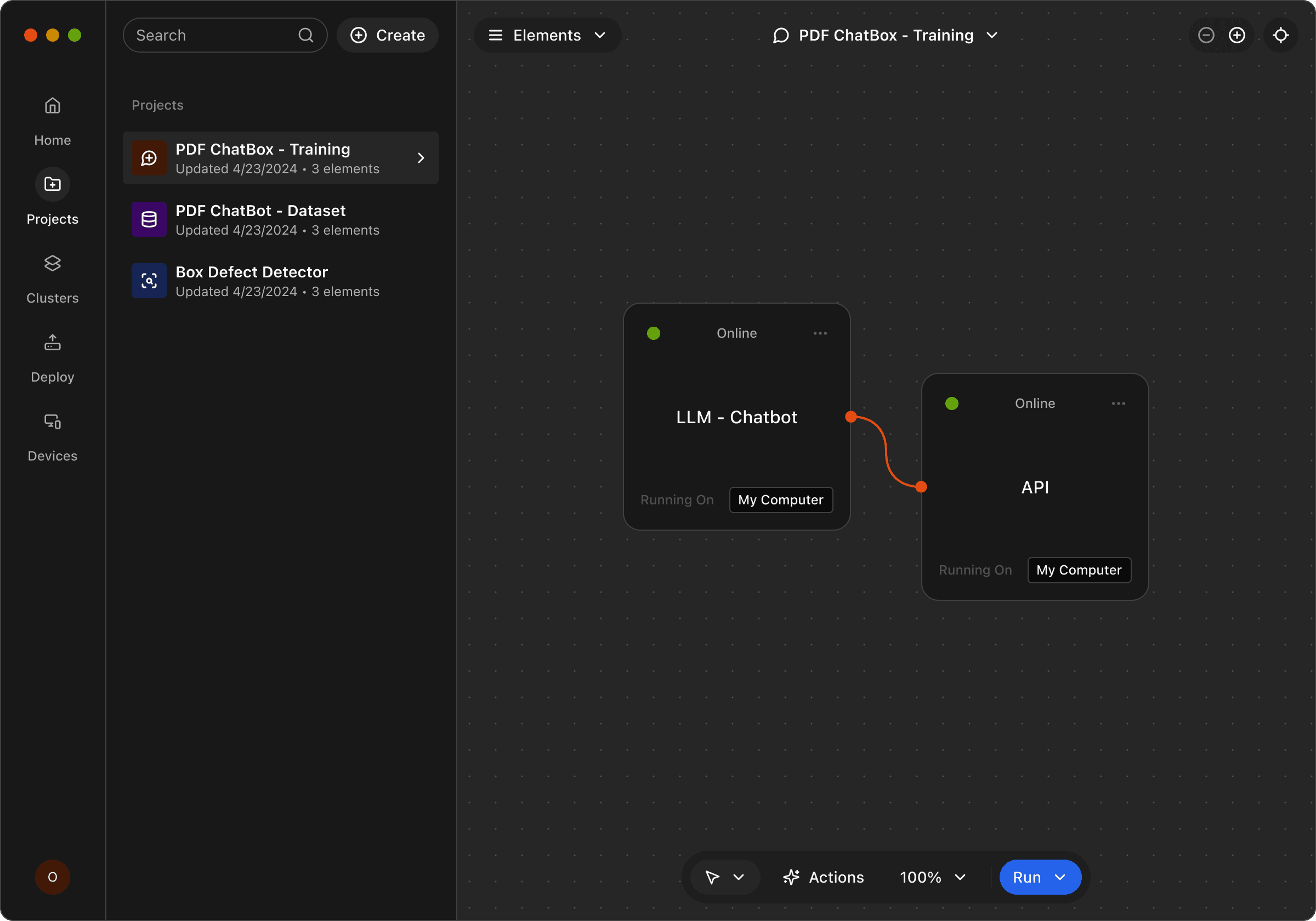 Diagram interface showing two nodes labeled 'My Chatbox' and 'Barcode Reader' connected by an arrow. Sidebar lists projects like 'PDF ChatBox' and 'Box Defect Detector.'