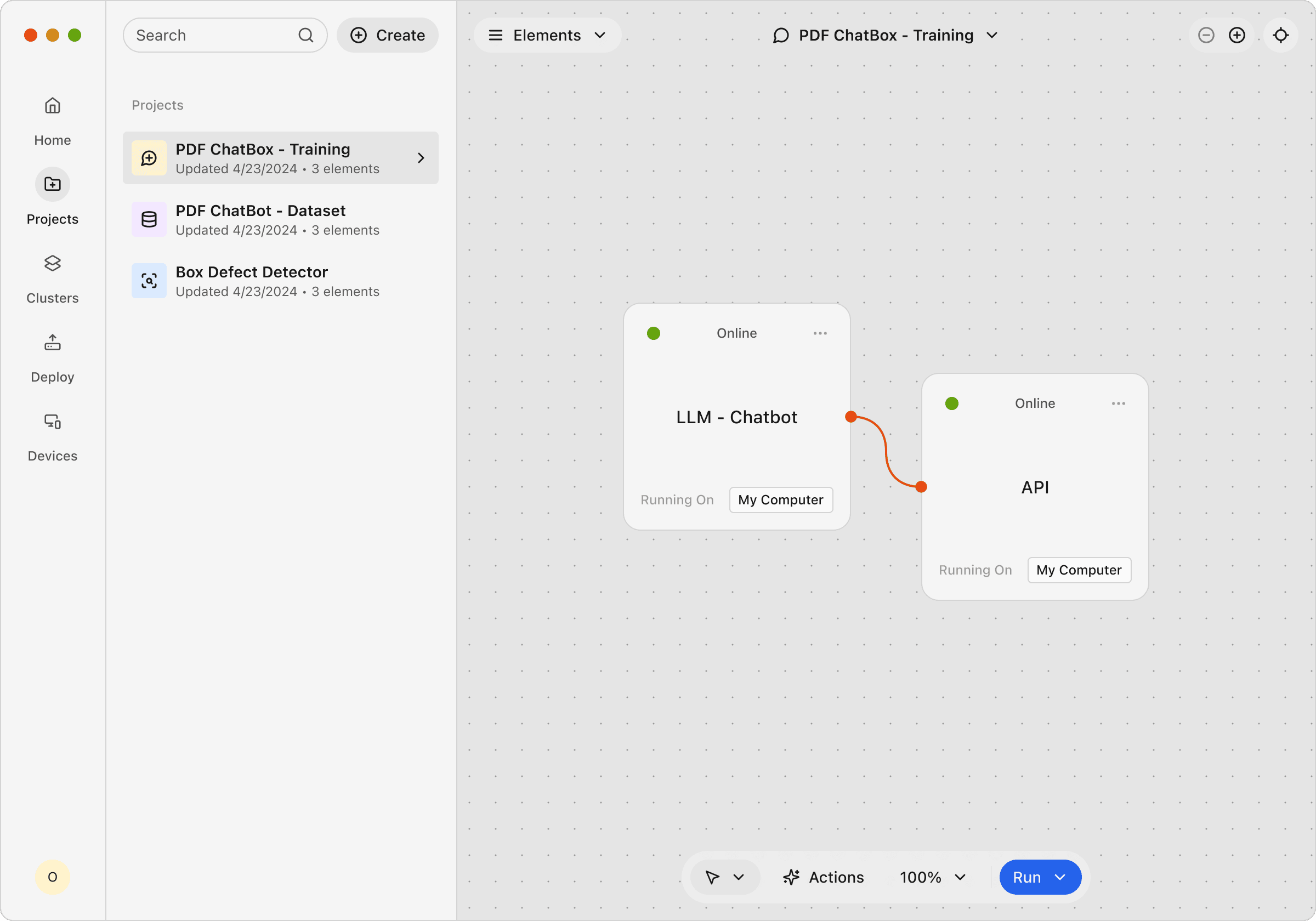 Diagram interface showing two nodes labeled 'My Chatbox' and 'Barcode Reader' connected by an arrow. Sidebar lists projects like 'PDF ChatBox' and 'Box Defect Detector.'