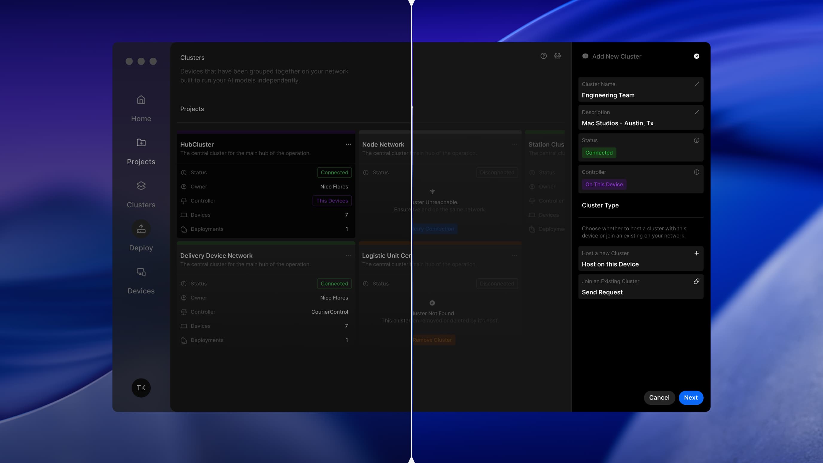 A split-screen interface displaying dark-themed app settings. The left side shows project lists with statuses, while the right side has a form to add a new cluster. The background is a blurred blue gradient, conveying a modern, tech-focused tone.