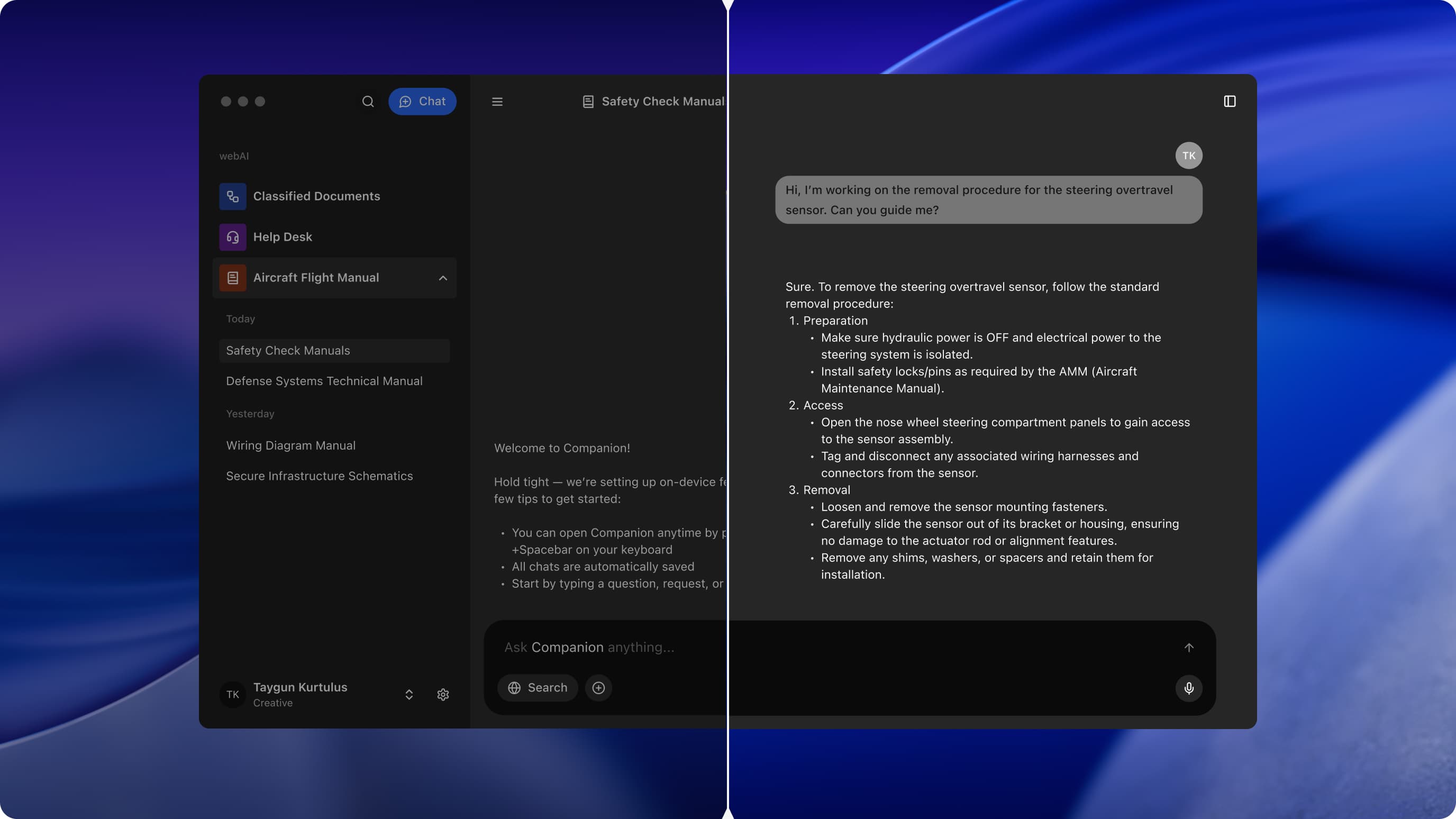 A dark-themed chat interface on a desktop screen displays a conversation about a sensor removal procedure. A sidebar lists various manuals. The tone is technical and informative.