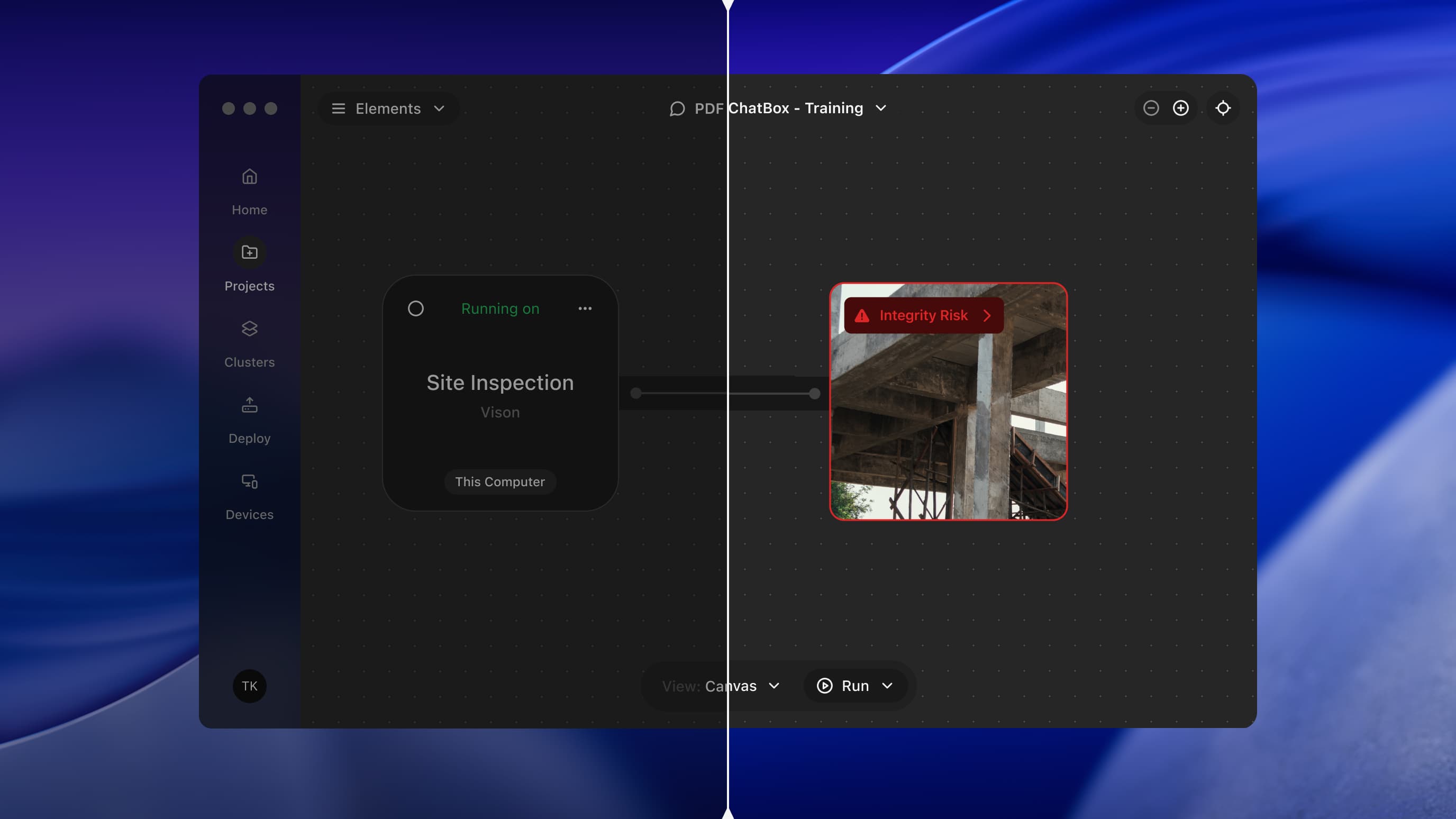 Split-screen interface displaying a "Site Inspection" flowchart on the left and a "Integrity Risk" alert with a bridge image on the right, set against a sleek blue background.